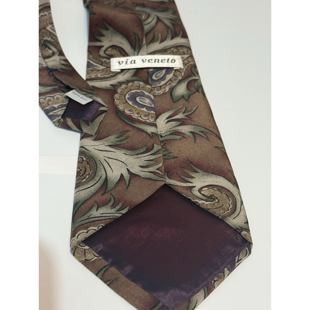 Vintage Via Veneto Silk Tie Mens Brown Purple Paisley Dark Academia Boho 90s WPL - Picture 4 of 8